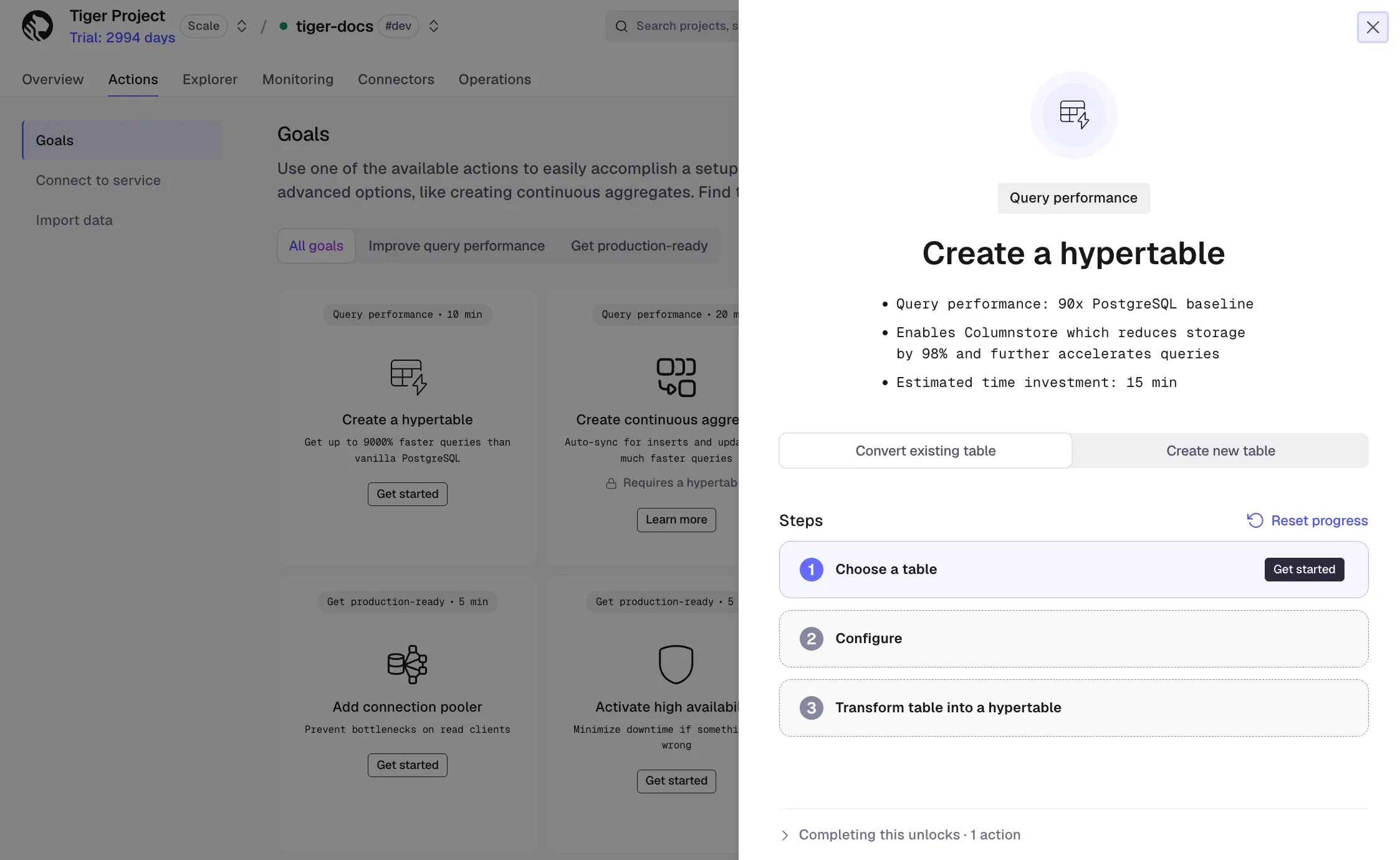 Create a hypertable wizard in Tiger Console