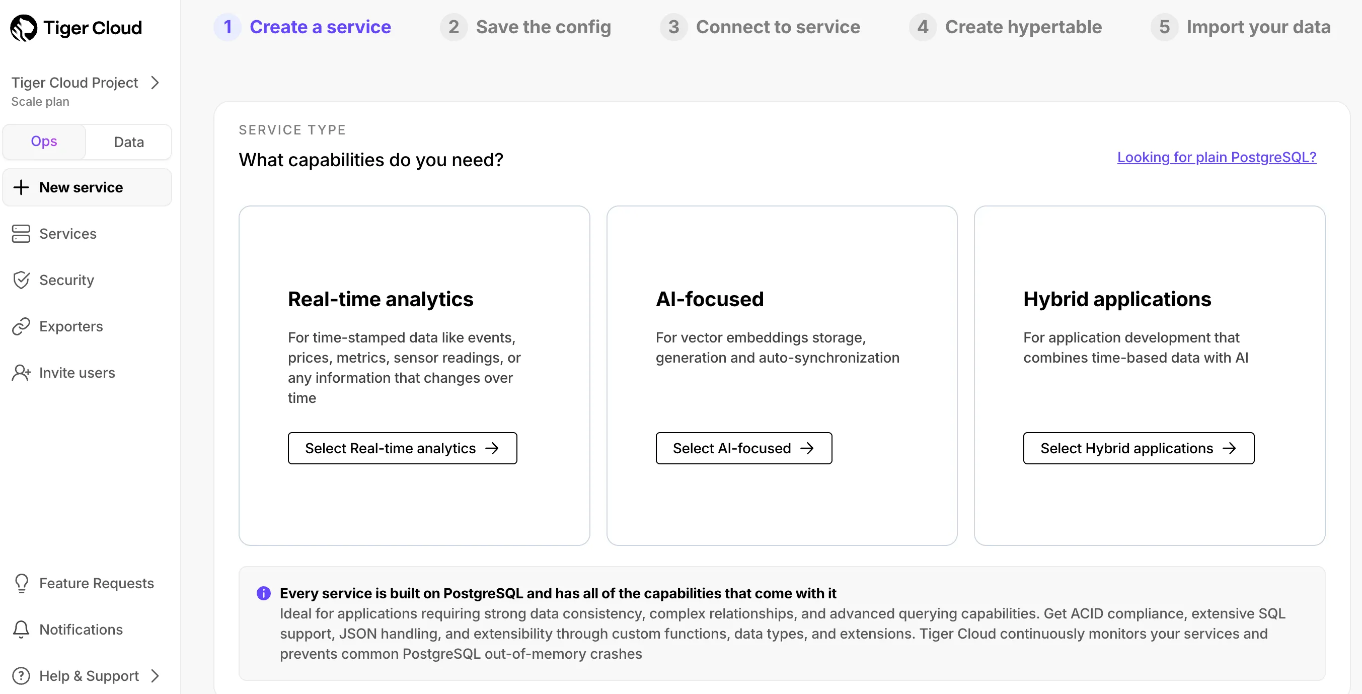 Create a new Tiger Cloud service in Tiger Console