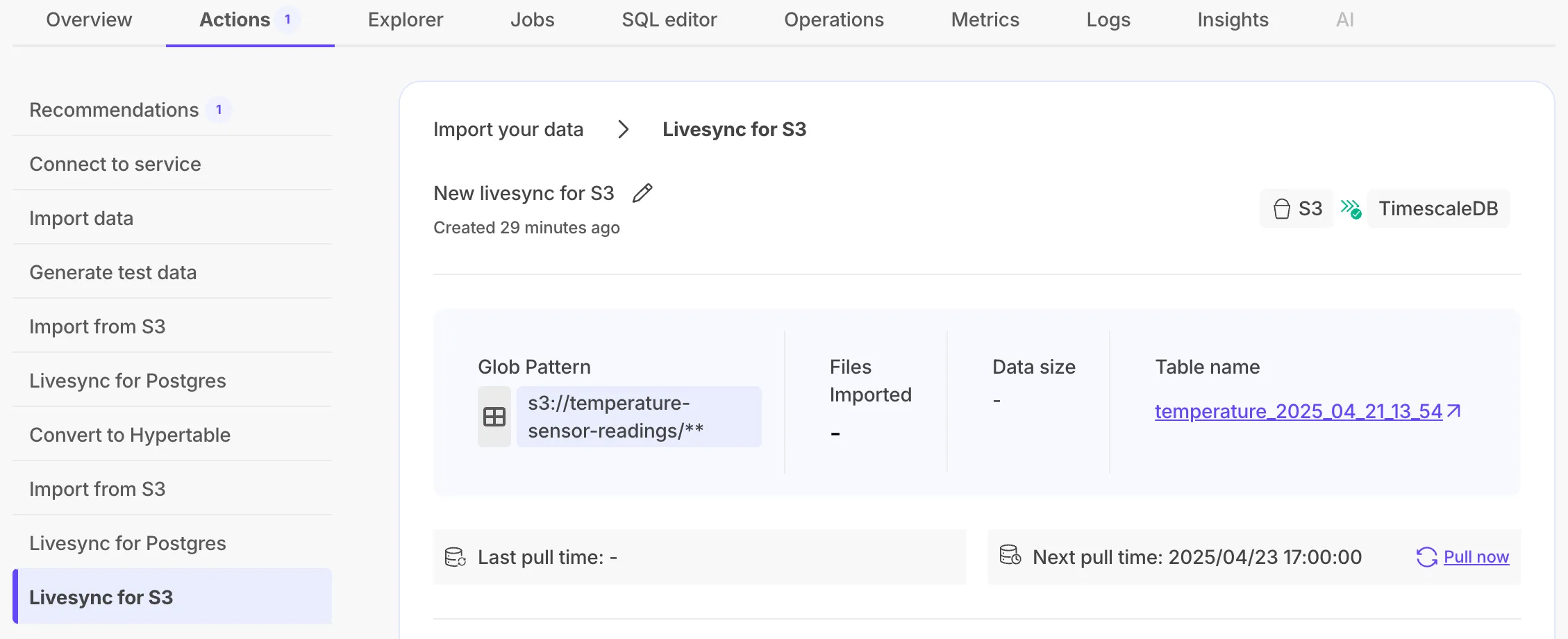 Timescale Console livesync view status
