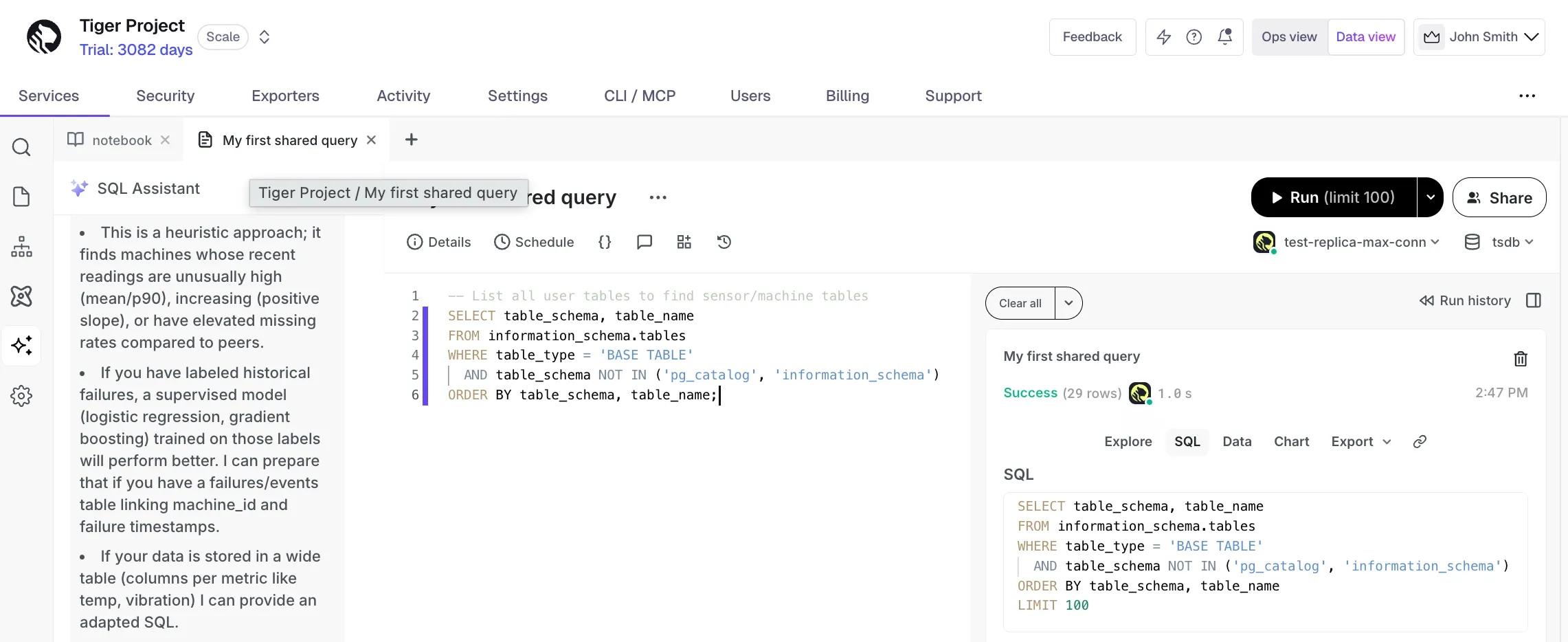Tiger Cloud SQL assistant generating a query